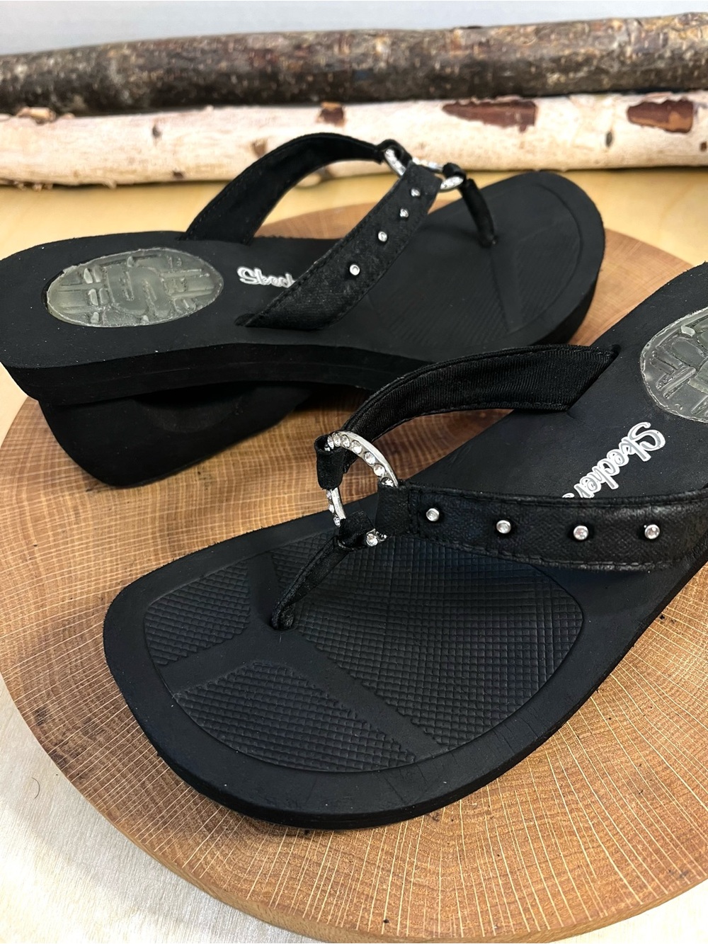 Vintage Skechers Cali Chunky Cutout Rhinestone Wedge Sandals Black Women's US 6